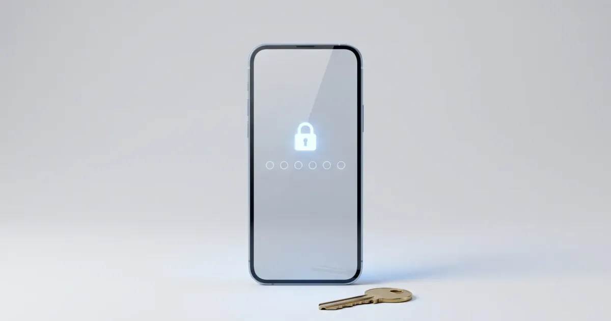 Celular em estúdio com campos de PIN e cadeado na tela, e uma chave ao lado