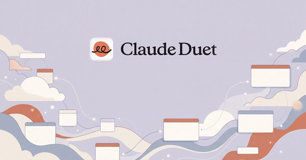 Logotipo do Claude Duet, agente de IA da Anthropic, sobre ilustração abstrata de nuvens, ondas e janelas conectadas por linhas, em tons de lavanda e terracota.