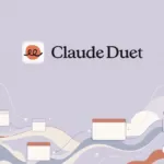Logotipo do Claude Duet, agente de IA da Anthropic, sobre ilustração abstrata de nuvens, ondas e janelas conectadas por linhas, em tons de lavanda e terracota.