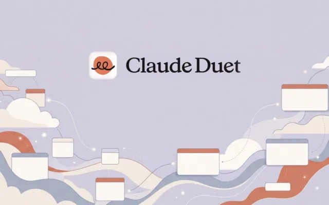 Logotipo do Claude Duet, agente de IA da Anthropic, sobre ilustração abstrata de nuvens, ondas e janelas conectadas por linhas, em tons de lavanda e terracota.