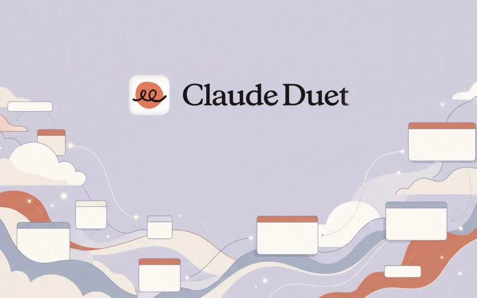 Logotipo do Claude Duet, agente de IA da Anthropic, sobre ilustração abstrata de nuvens, ondas e janelas conectadas por linhas, em tons de lavanda e terracota.