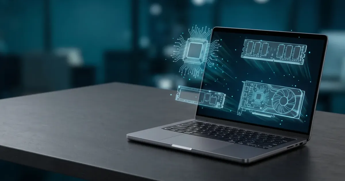 Notebook aberto sobre uma mesa, com ilustração de componentes como processador, memória RAM e SSD ao redor