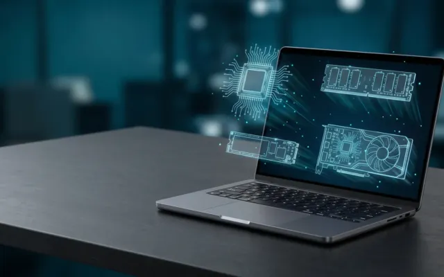Notebook aberto sobre uma mesa, com ilustração de componentes como processador, memória RAM e SSD ao redor