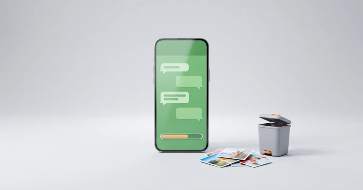 Celular em estúdio com conversa do WhatsApp e barra de armazenamento, ao lado de fotos e lixeira
