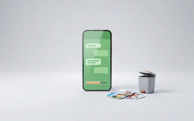 Celular em estúdio com conversa do WhatsApp e barra de armazenamento, ao lado de fotos e lixeira