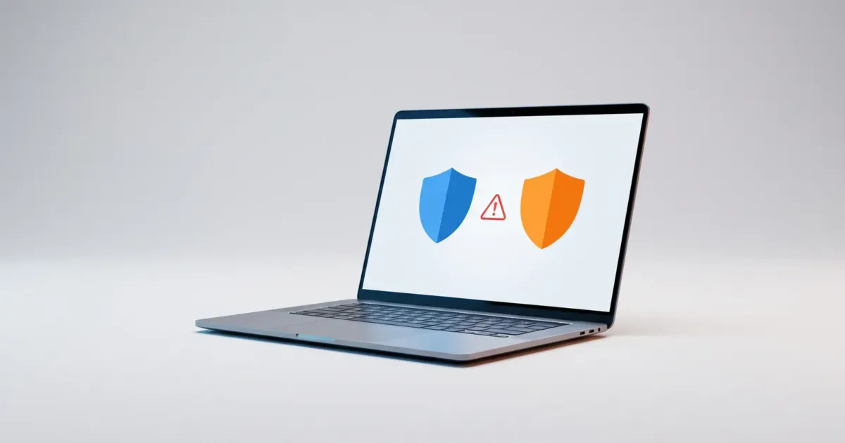 Notebook em estúdio com dois escudos de antivírus lado a lado e um alerta entre eles