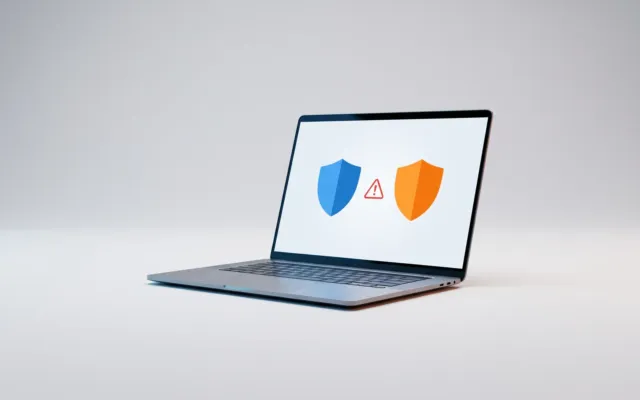 Notebook em estúdio com dois escudos de antivírus lado a lado e um alerta entre eles