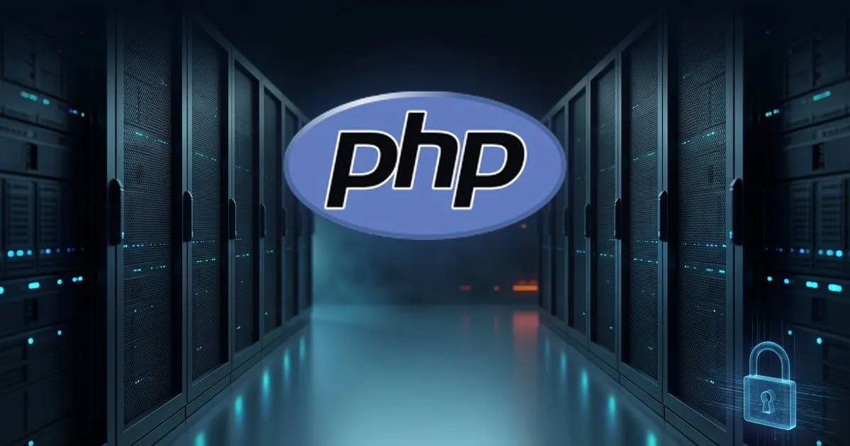 Logotipo do PHP em um corredor de data center com servidores e um cadeado digital.