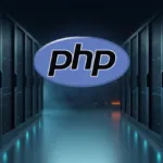 Logotipo do PHP em um corredor de data center com servidores e um cadeado digital.