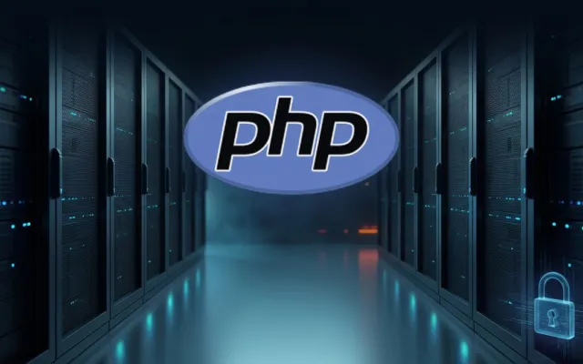 Logotipo do PHP em um corredor de data center com servidores e um cadeado digital.