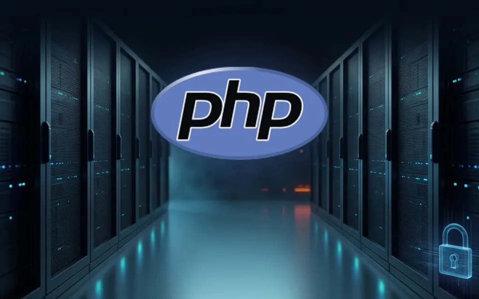 Logotipo do PHP em um corredor de data center com servidores e um cadeado digital.
