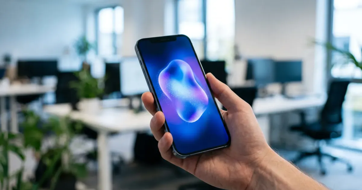 Celular na mão com ícone brilhante de assistente de inteligência artificial na tela, em escritório moderno