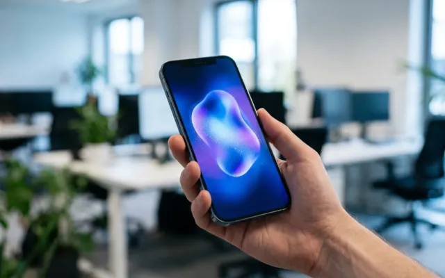 Celular na mão com ícone brilhante de assistente de inteligência artificial na tela, em escritório moderno