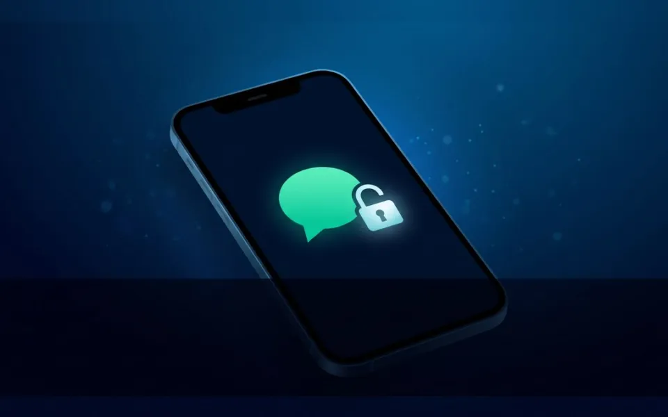 Ilustração de um celular com um balão de mensagem e um cadeado aberto sobre fundo azul-noite
