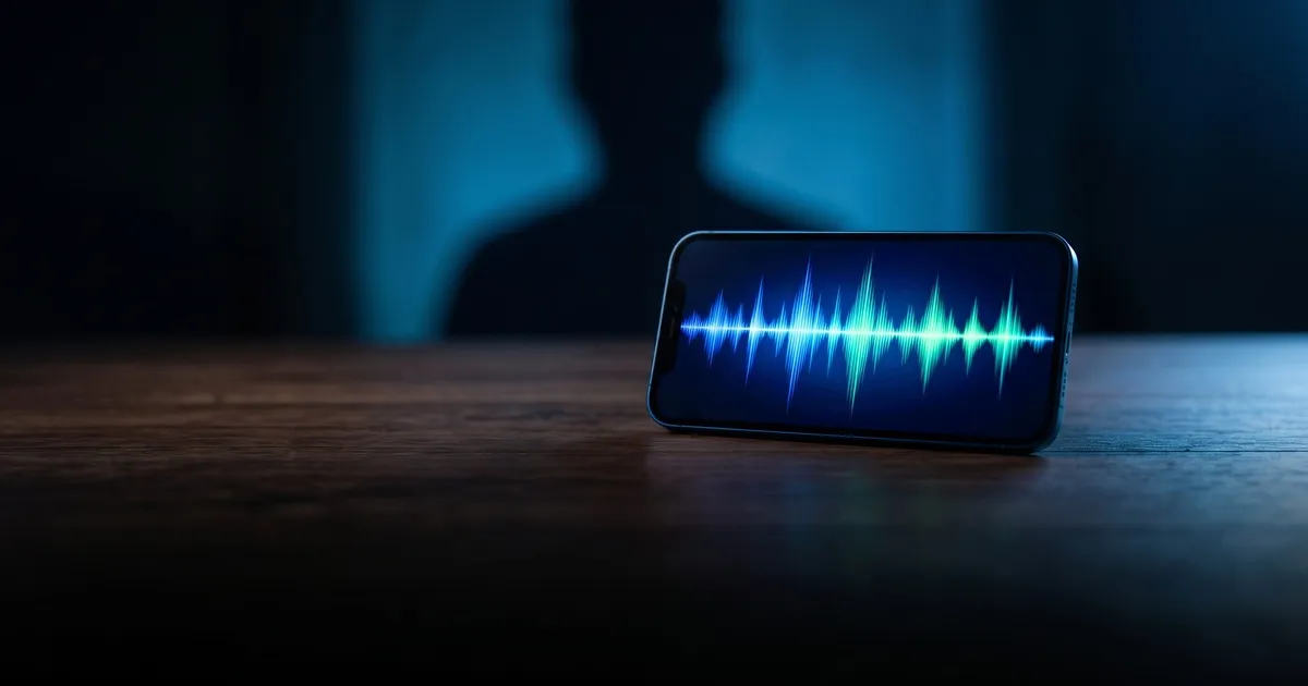 Smartphone sobre uma mesa escura exibindo uma onda sonora, com uma silhueta desfocada ao fundo
