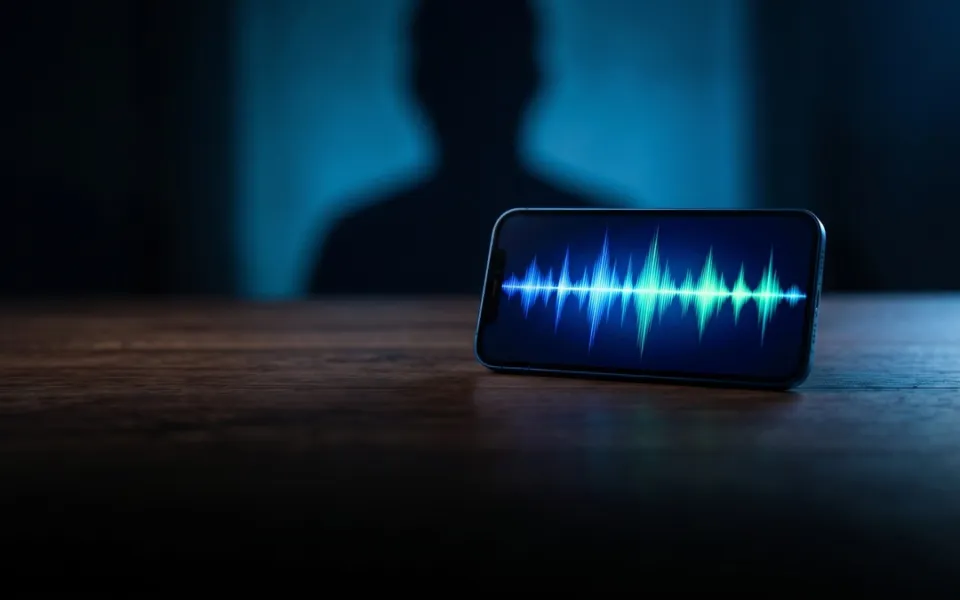 Smartphone sobre uma mesa escura exibindo uma onda sonora, com uma silhueta desfocada ao fundo
