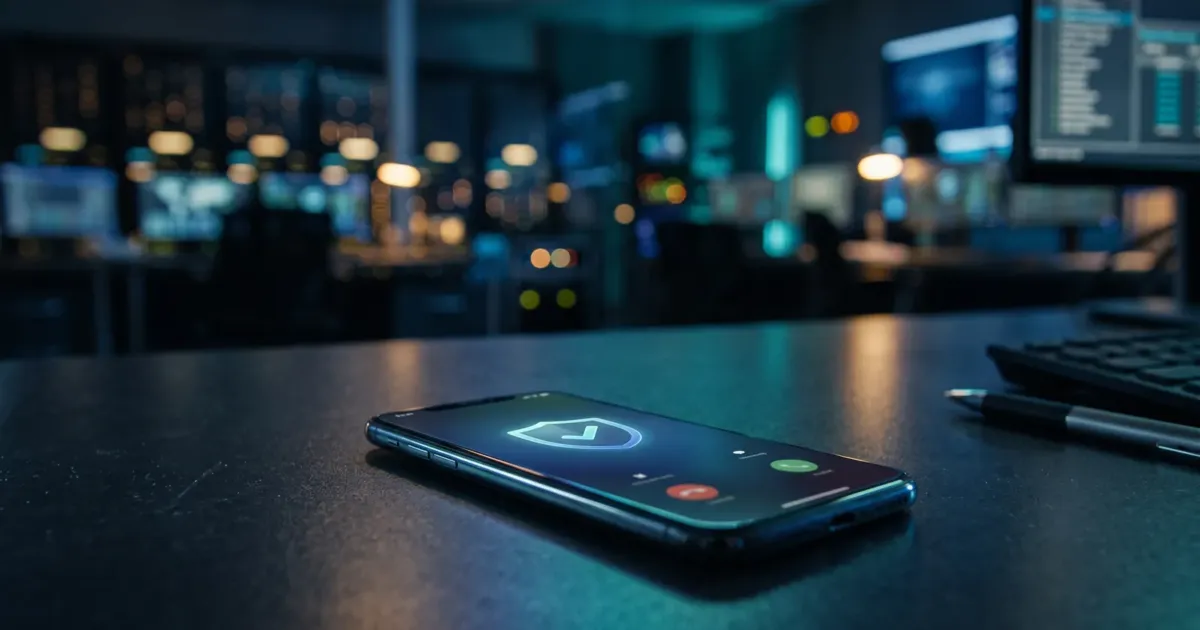 Celular sobre mesa escura com ícone de escudo e verificação na tela, simbolizando ligações autenticadas