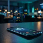 Celular sobre mesa escura com ícone de escudo e verificação na tela, simbolizando ligações autenticadas