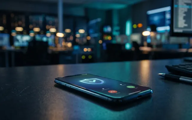Celular sobre mesa escura com ícone de escudo e verificação na tela, simbolizando ligações autenticadas