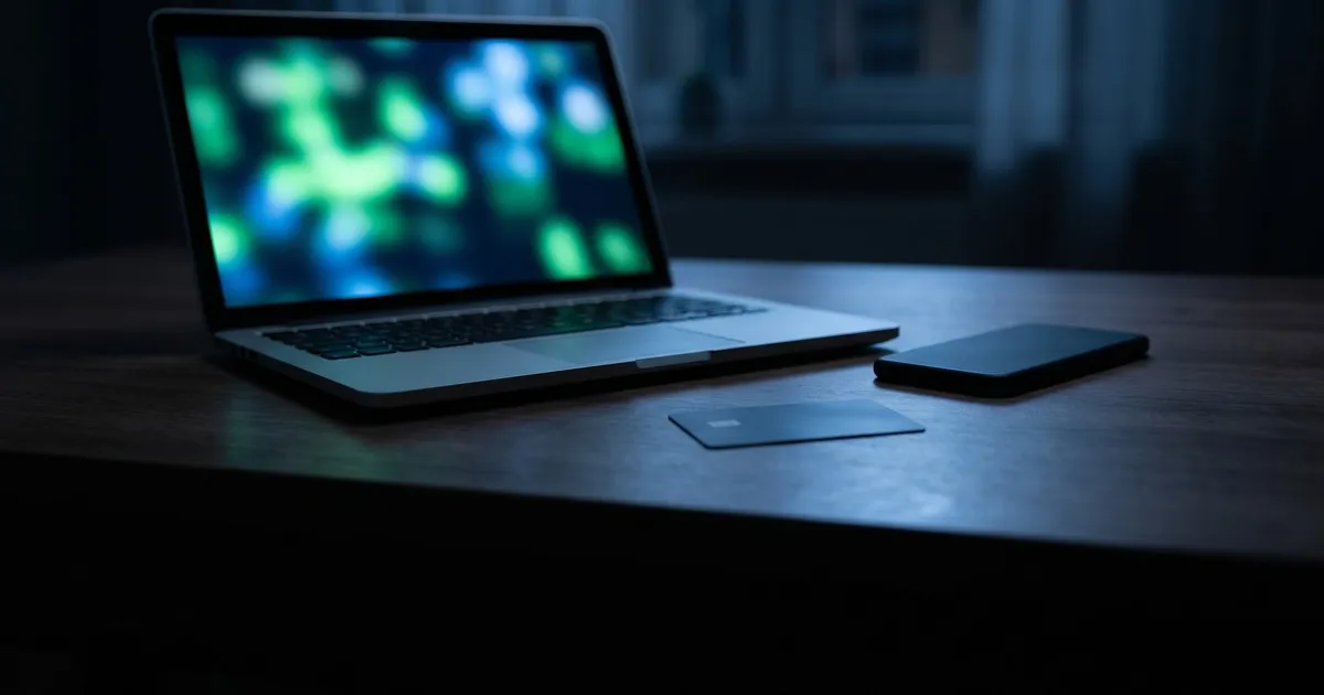 Notebook em um ambiente escuro com um cartão bancário e um celular sobre a mesa