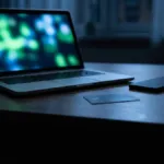 Notebook em um ambiente escuro com um cartão bancário e um celular sobre a mesa