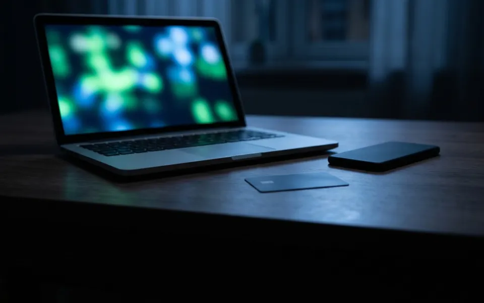 Notebook em um ambiente escuro com um cartão bancário e um celular sobre a mesa