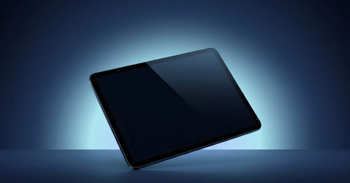 Tablet escuro inclinado diante de um fundo azul iluminado
