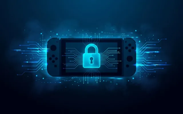 Console portátil de videogame em silhueta com um cadeado luminoso na tela, cercado por linhas de circuito em azul e ciano sobre fundo escuro.