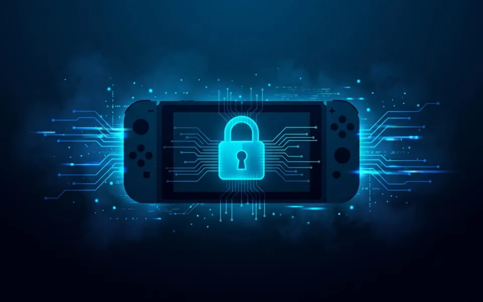 Console portátil de videogame em silhueta com um cadeado luminoso na tela, cercado por linhas de circuito em azul e ciano sobre fundo escuro.