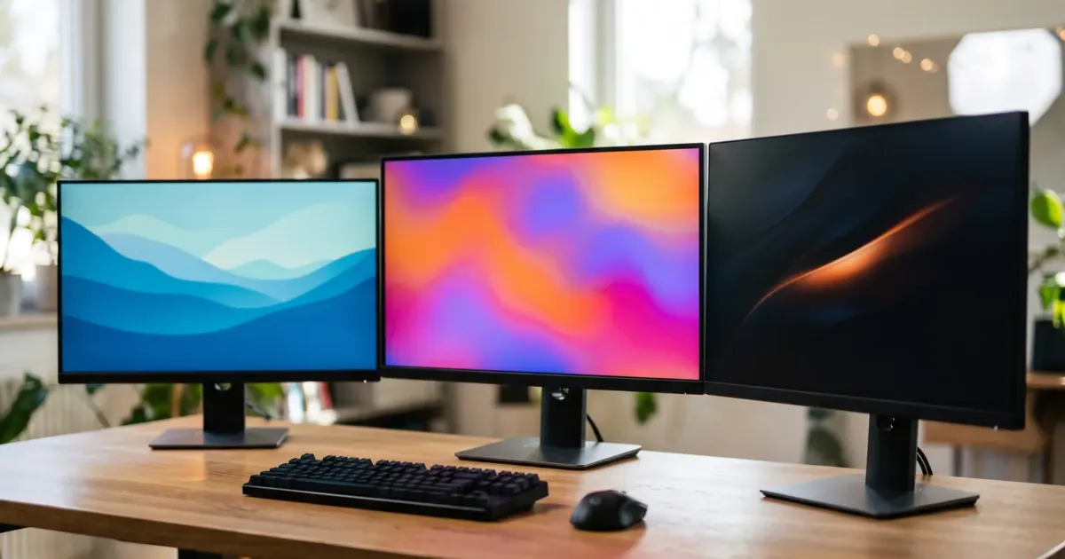 Três monitores Full HD lado a lado sobre uma mesa, em um ambiente de escritório e jogos