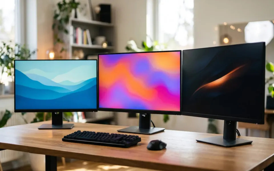 Três monitores Full HD lado a lado sobre uma mesa, em um ambiente de escritório e jogos