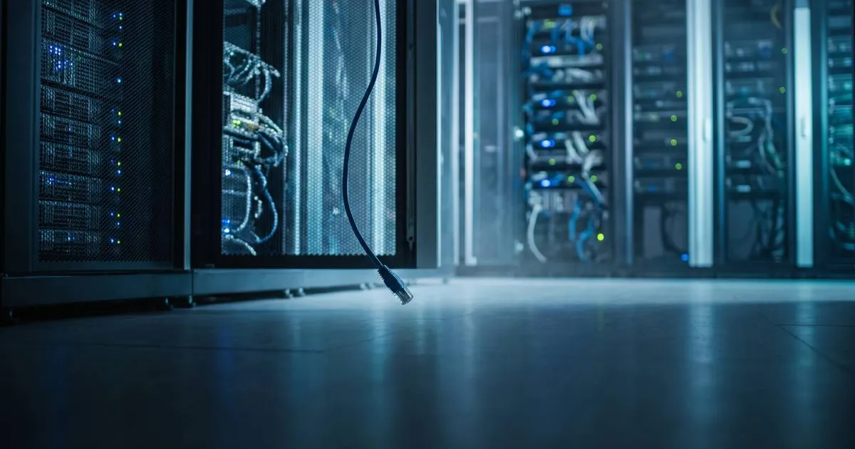 Corredor de servidores de um data center com um cabo de rede desconectado em primeiro plano