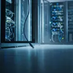 Corredor de servidores de um data center com um cabo de rede desconectado em primeiro plano