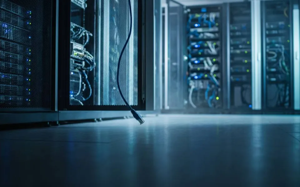 Corredor de servidores de um data center com um cabo de rede desconectado em primeiro plano
