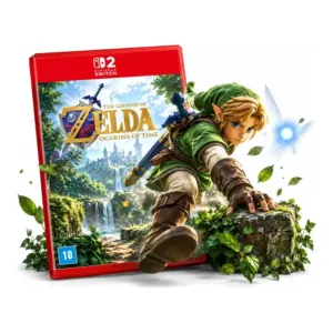 Caixa do jogo The Legend of Zelda: Ocarina of Time para Nintendo Switch 2, ao lado do Link