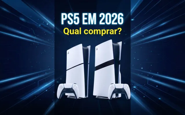 Consoles PS5 com controles DualSense e o texto PS5 em 2026: qual comprar?