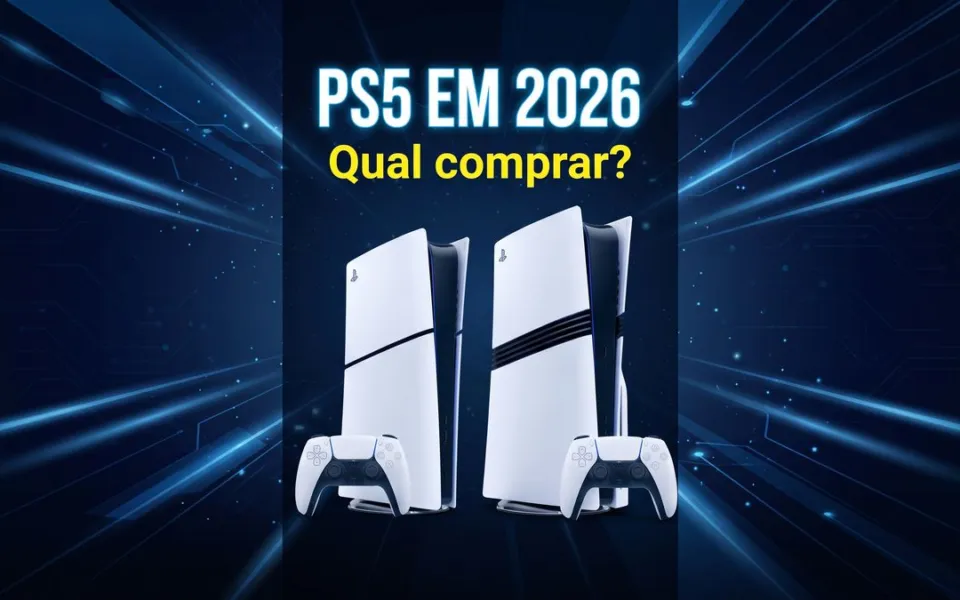 Consoles PS5 com controles DualSense e o texto PS5 em 2026: qual comprar?