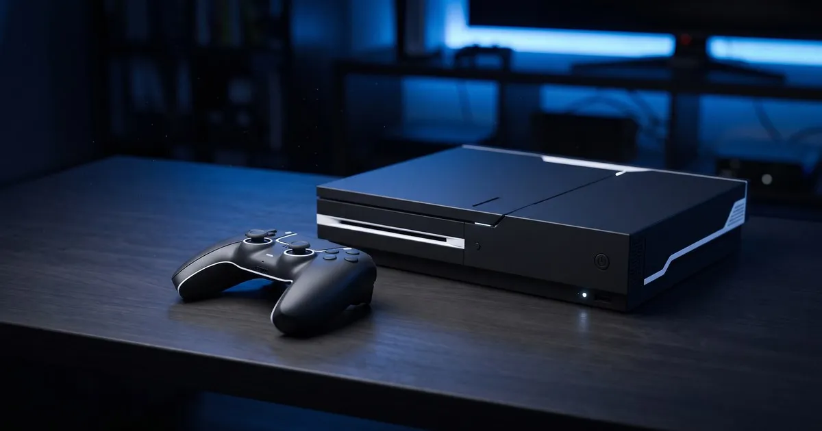 Ilustração de um console de videogame genérico, preto e branco, sobre uma mesa em ambiente escuro com luz azul, ao lado de um controle