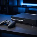 Ilustração de um console de videogame genérico, preto e branco, sobre uma mesa em ambiente escuro com luz azul, ao lado de um controle