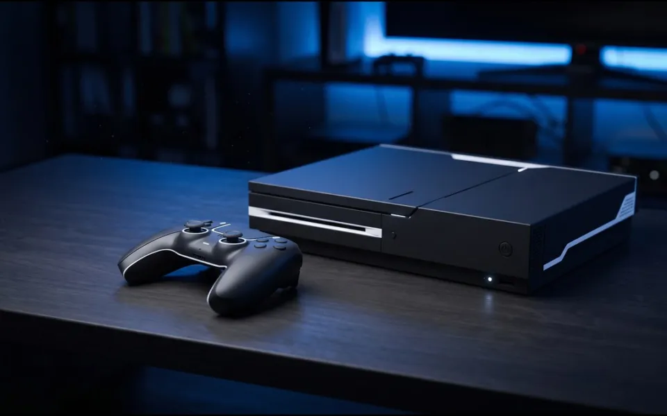 Ilustração de um console de videogame genérico, preto e branco, sobre uma mesa em ambiente escuro com luz azul, ao lado de um controle