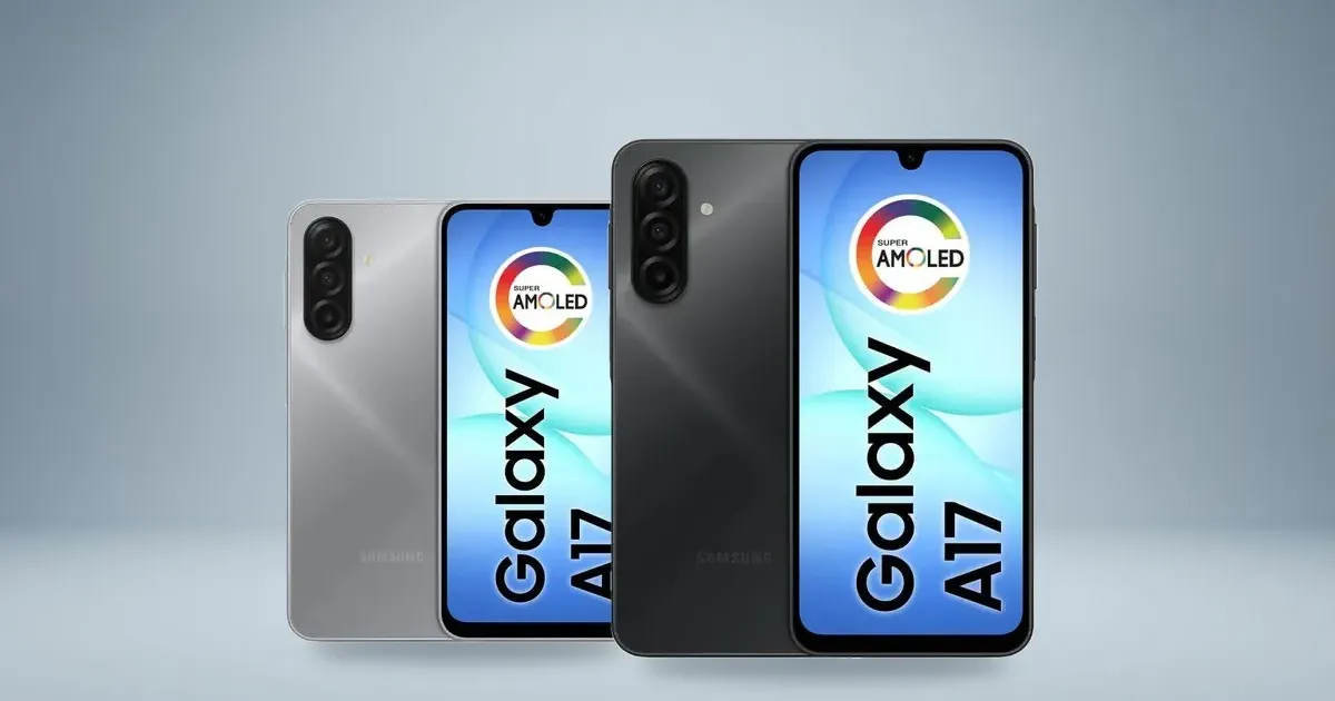 Samsung Galaxy A17 nas cores cinza e preto sobre fundo de estúdio