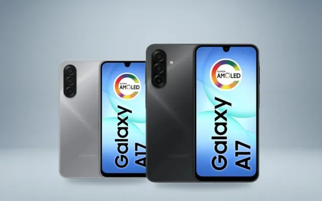 Samsung Galaxy A17 nas cores cinza e preto sobre fundo de estúdio