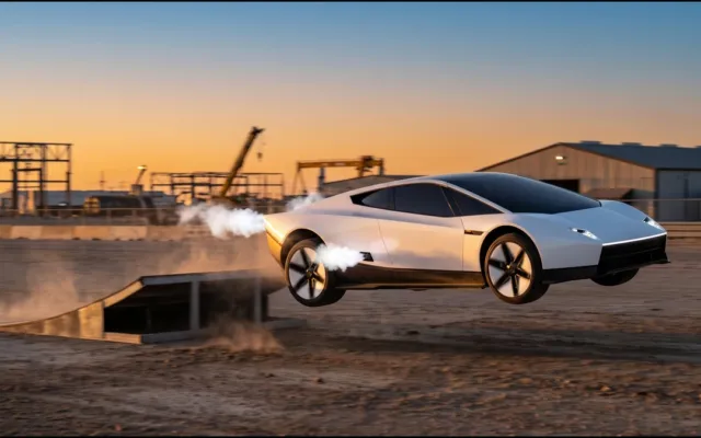 Carro esportivo preto e angular girando no ar após sair de uma rampa, com jatos de gás saindo dos propulsores