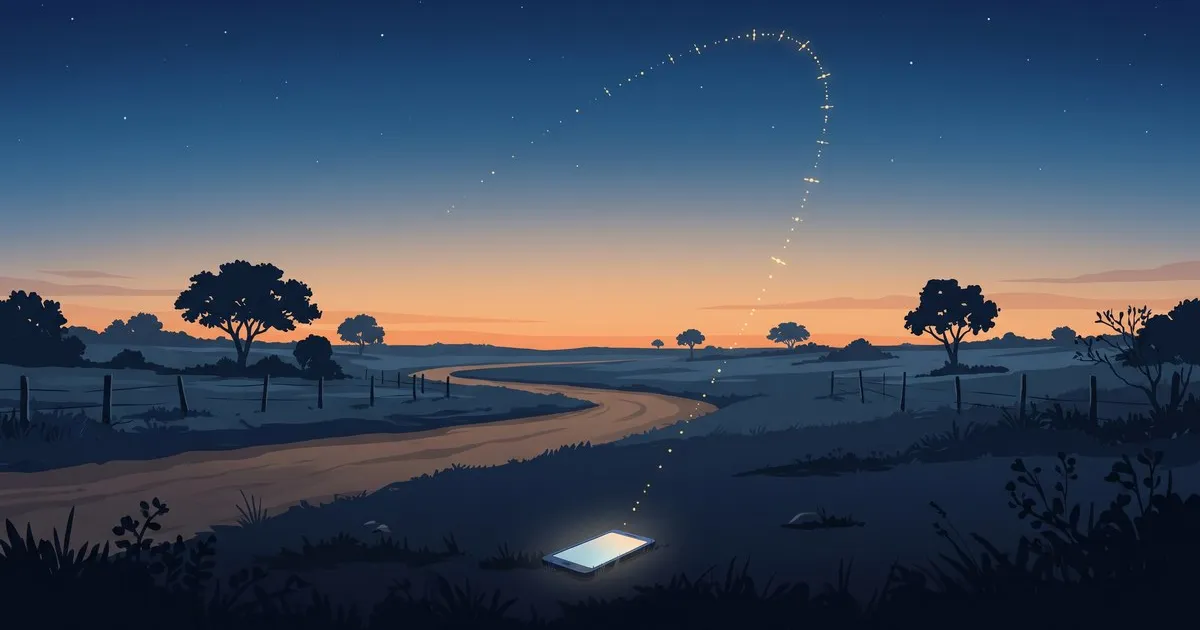 Ilustração de um celular sob um céu com satélites em órbita sobre uma estrada rural ao entardecer