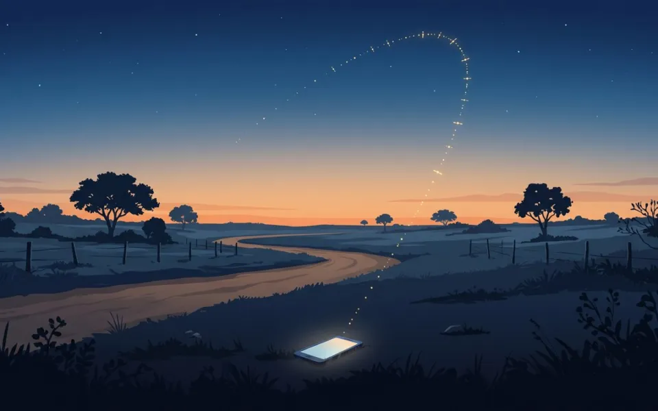 Ilustração de um celular sob um céu com satélites em órbita sobre uma estrada rural ao entardecer
