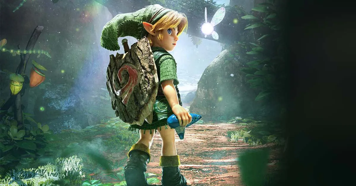 Link jovem com a ocarina na mão e a fada Navi em uma floresta, arte oficial de Zelda Ocarina of Time.