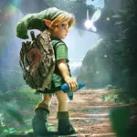 Link jovem com a ocarina na mão e a fada Navi em uma floresta, arte oficial de Zelda Ocarina of Time.