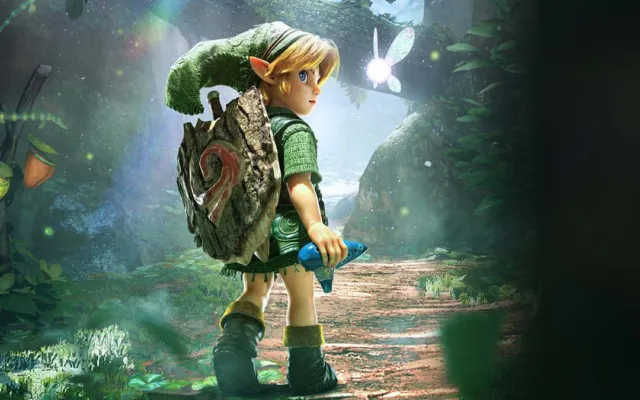 Link jovem com a ocarina na mão e a fada Navi em uma floresta, arte oficial de Zelda Ocarina of Time.